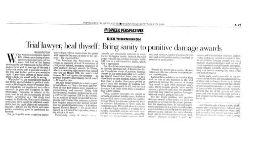"Trial Lawyer, Heal Thyself: Bring Sanity to Punitive Damage Awards," Pittsburgh Post-Gazette
