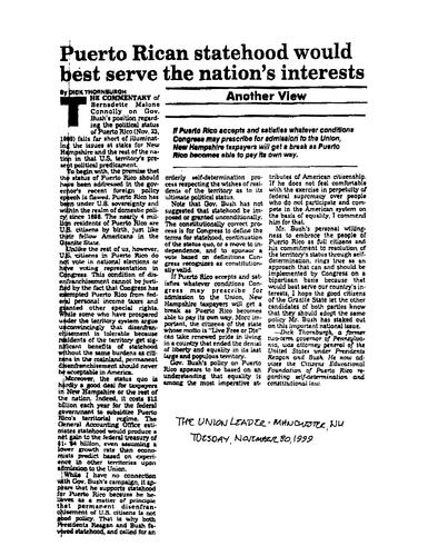 "Puerto Rico Statehood Would Best Serve the Nation's Interests," Union Leader, Manchester, NH