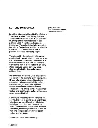 "Court Ruling Bolsters State Lead Paint Suit," Letter to Editor, San Fransicsco Chronicle