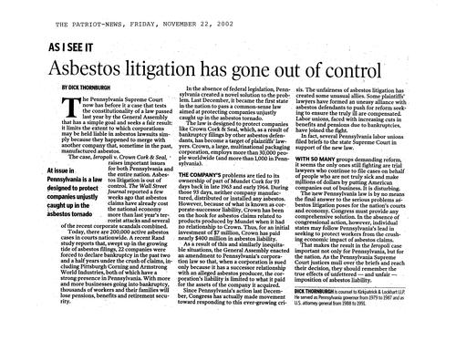 "Asbestos litigation has gone out of control," Harrisburg Patriot-News