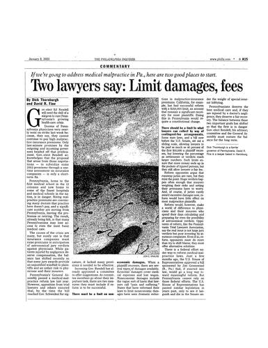 "Two Lawyers Say: Limit Damages, Fees," Philadelphia Inquirer