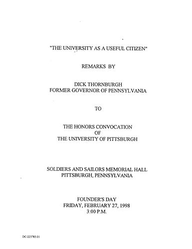 "The University as a Useful Citizen," Honors Convocation of the University of Pittsburgh, Pittsburgh, PA