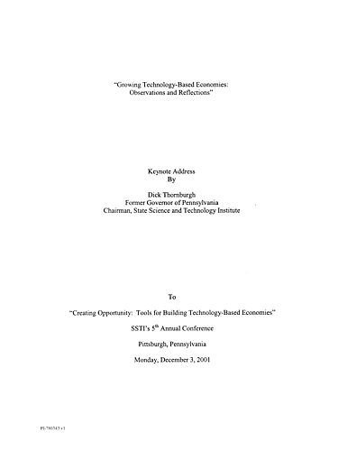 "Growing Technology-Based Economies: Observations and Reflections," SSTI's 5th Annual Conference: Creating Opportunity: Tools for Building Technology-Based Economies, Pittsburgh, PA