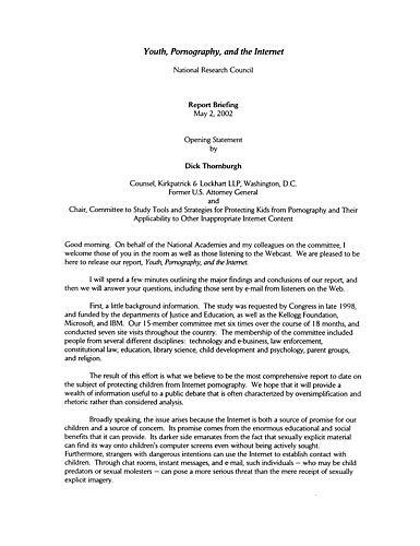 Opening Statement and Report Briefing of Youth, Pornography, and the Internet