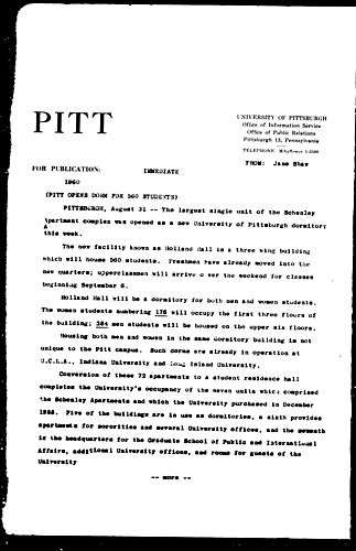 Pitt Opens Dorm For 560 Students