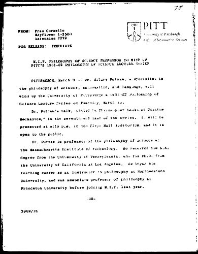 M.I.T. Philosophy Of Science Professor To Wind Up Pitt's 1961-62 Philosophy Of Science Lecture Series