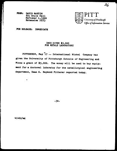 INCO Gives $5,000 For Metals Laboratory