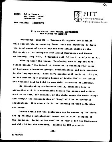 Pitt Sponsors 18th Annual Conference And Course On Reading