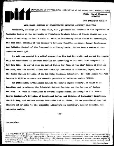 Wald Named Chairman Of Commonwealth Radiation Advisory Committee