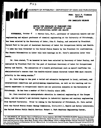 Morton Corn Nominated By President Ford To Post Of Assistant Secretary Of Labor For Occupational Safety And Health