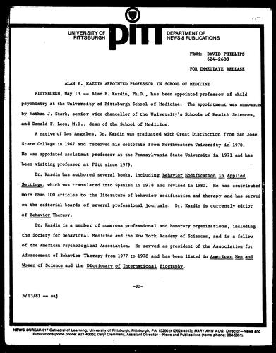 Alan E. Kazdin Appointed Professor In School Of Medicine