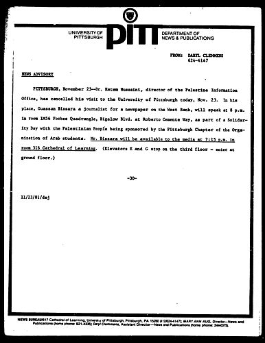 [Dr. Hatem Hussaini Cancels Pitt Visit]