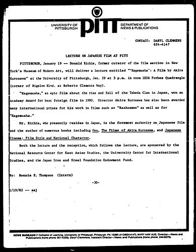 Lecture On Japanese Film At Pitt