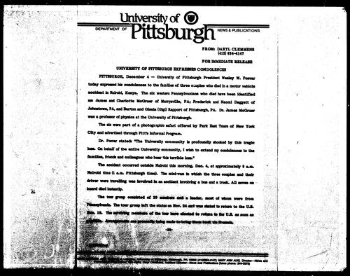 University Of Pittsburgh Expresses Condolences