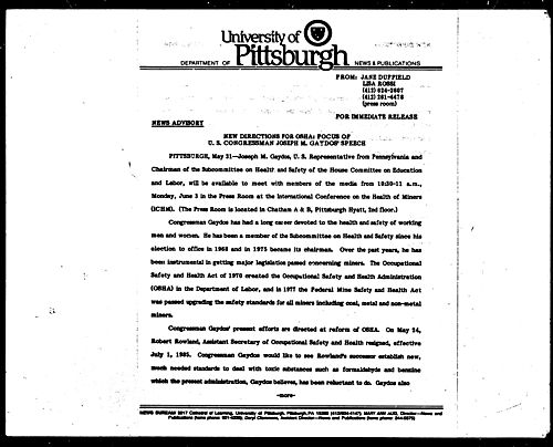 New Directions For OSHA: Focus Of U.S. Congressman Joseph M. Gaydos' Speech
