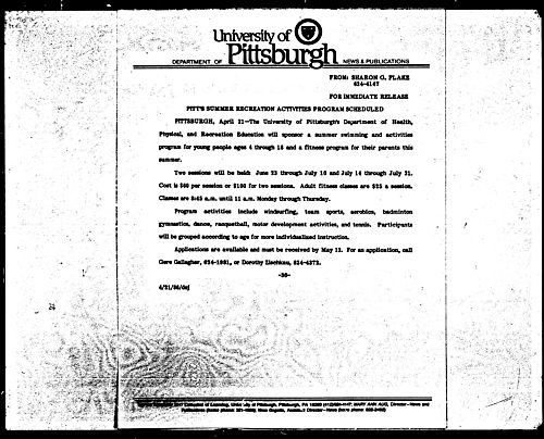 Pitt's Summer Recreation Activities Program Scheduled