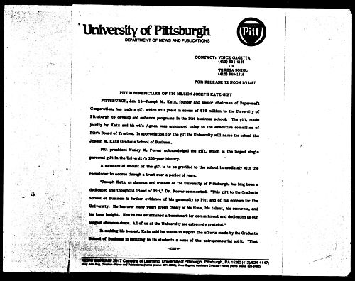 Pitt Is Beneficiary Of $10 Million Joseph Katz Gift