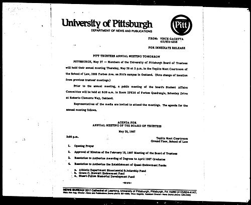 Pitt Trustees Annual Meeting Tomorrow