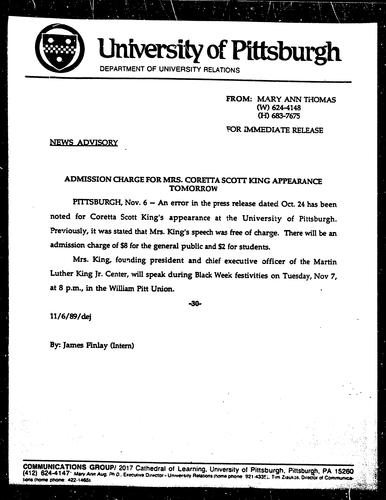 Admission Charge For Mrs. Coretta Scott King Appearance Tomorrow
