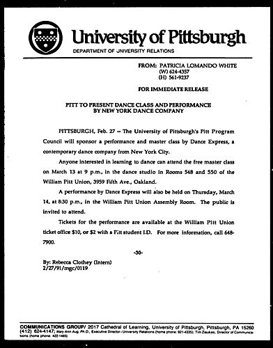 Pitt To Present Dance Class And Performance By New York Dance Company