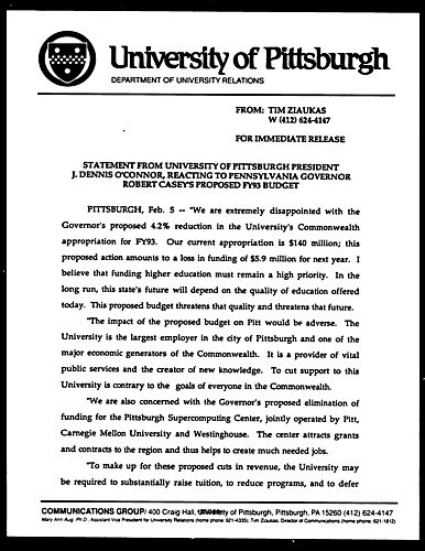 Statement from University of Pittsburgh President J. Dennis O'connor, Reacting to Pennsylania Governor Robert Casey's Proposed FY93 Budget