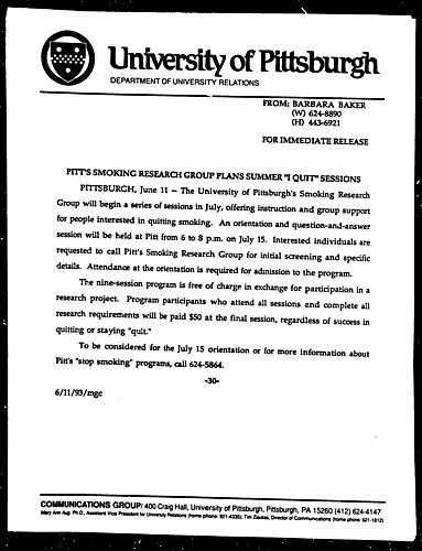 Pitt's Smoking Research Group Plans Summer "I Quit" Sessions