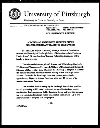 Additional Candidate Accepts Pitt's African-American Teaching Fellowship
