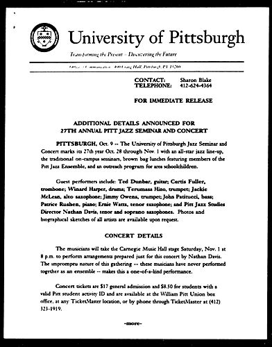 Additional; Details Announced for the 27th Annual Pitt Jazz Seminar and Concert
