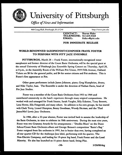 World-Renowned Saxophonist/Composer Frank Foster to Perform with Pitt Jazz Ensemble